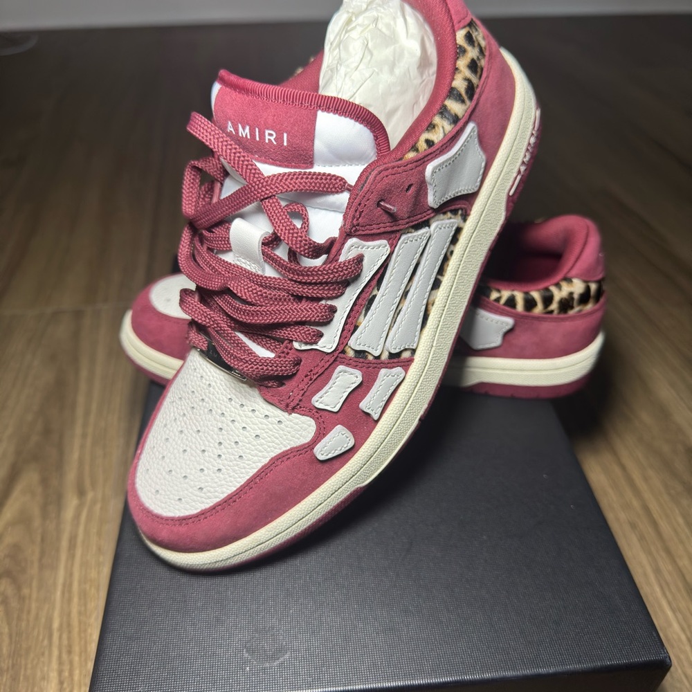 AMIRI Women's Red and White Sneakers with Leopard Accents